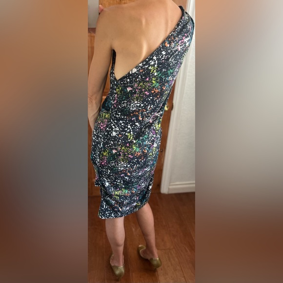 Rachel Roy Women One Shoulder Midi Dress Black w Color Splashes (M) - Picture 8 of 13